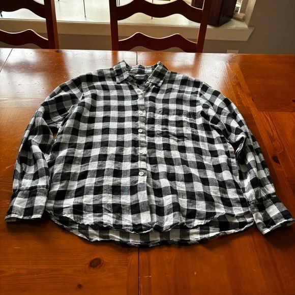 Karen Kane Black and White Check Cuffed Sleeve Button Down Shirt Size M Linen - Picture 12 of 13